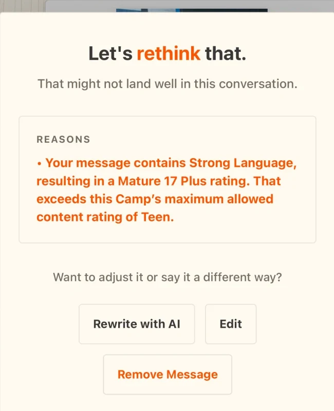 Bonfire explains why a message does not fit the conversation rules and offers helpful next steps