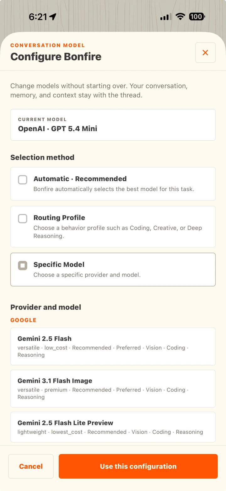 Bonfire model selection and routing controls